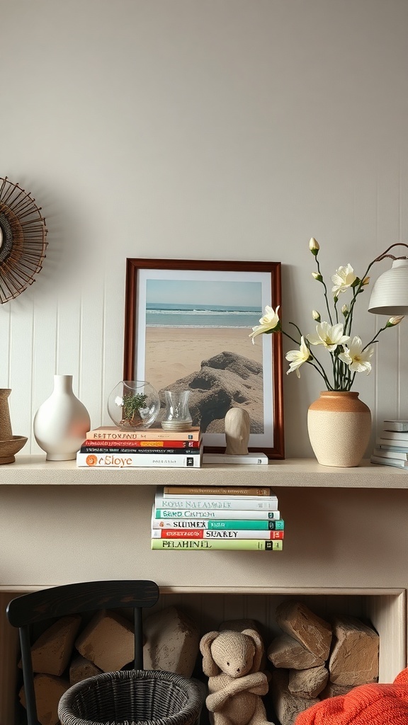 A summer-themed mantel with books, a vase of flowers, and a beach photograph.