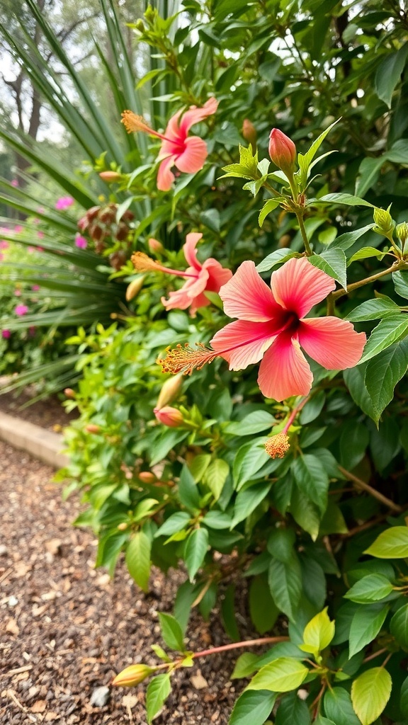 A vibrant hibiscus flower garden with pink blooms and lush green leaves.