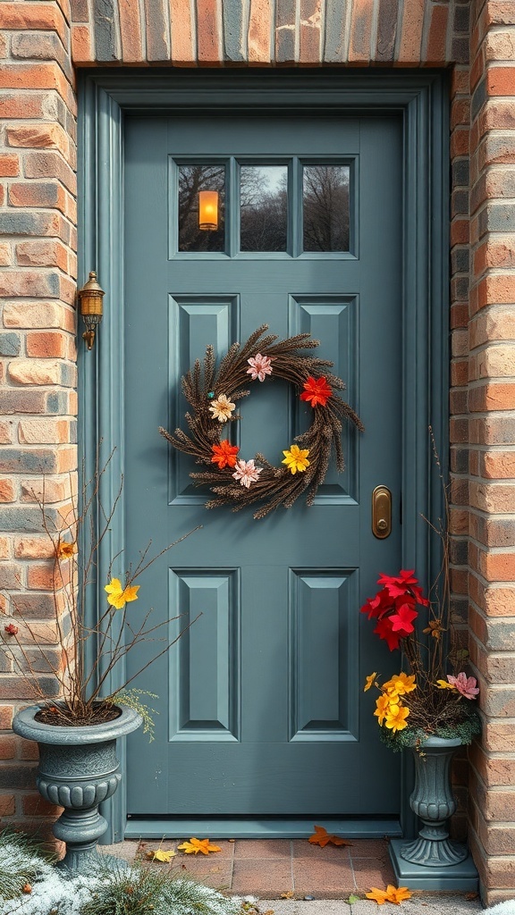 A blue front door decorated with a colorful wreath and potted plants, showcasing autumn leaves.