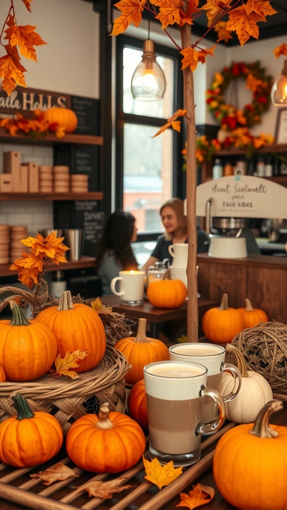 A cozy autumn coffee bar with pumpkins and warm colors, featuring mugs of coffee and decorative leaves.