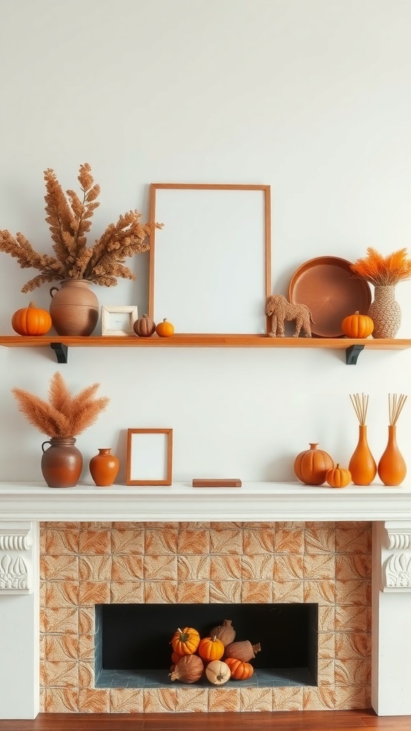 A fall-themed mantel decorated with pumpkins, dried flowers, and earthy pottery in warm colors.