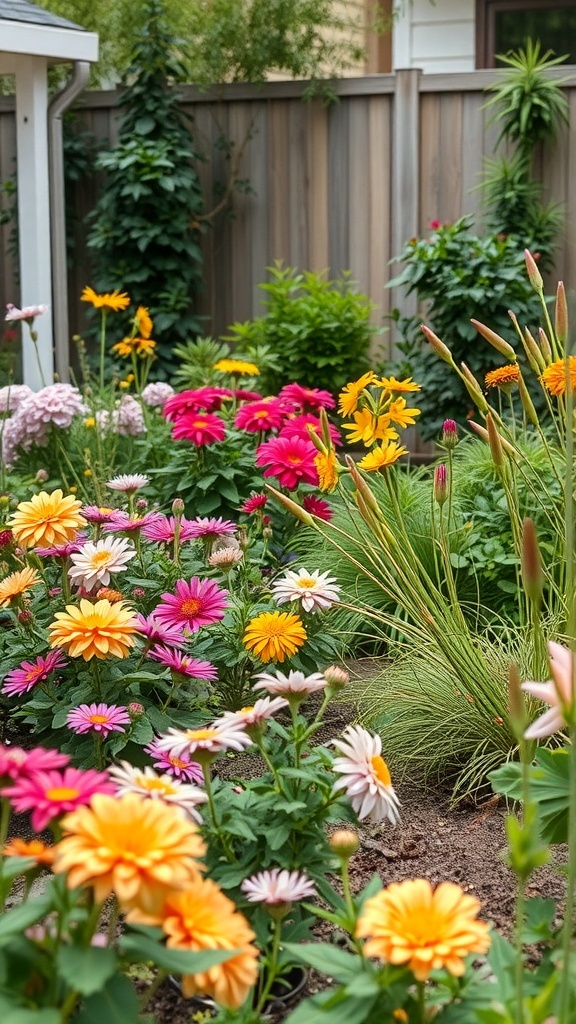 A colorful garden with various flowers in bright shades of yellow, pink, and orange.