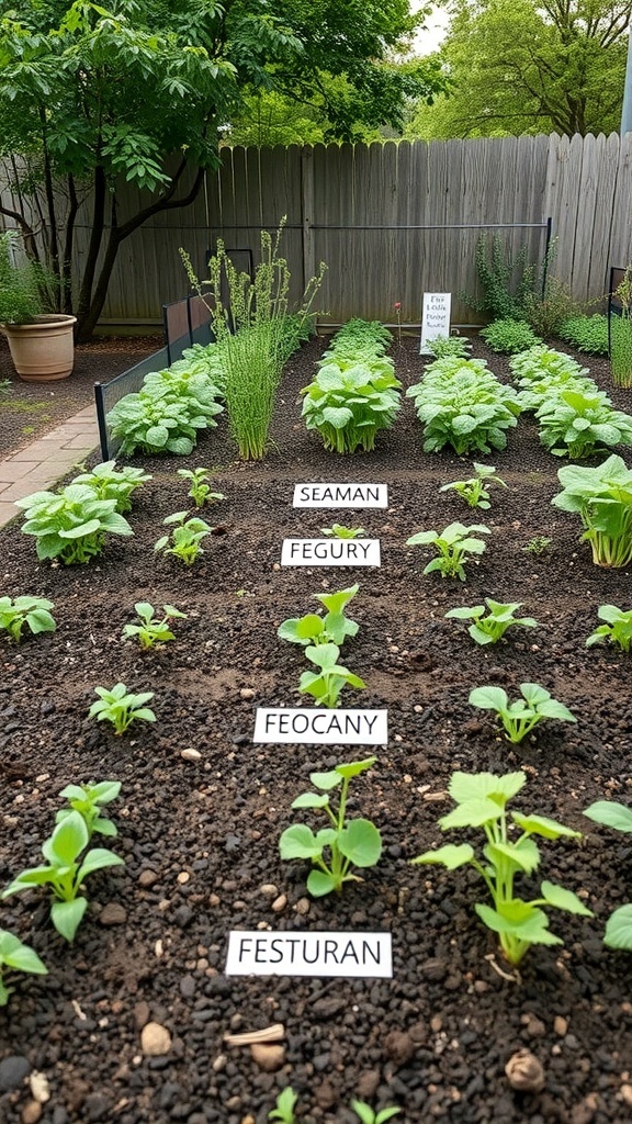 A well-organized kitchen garden with labeled young plants in neat rows.
