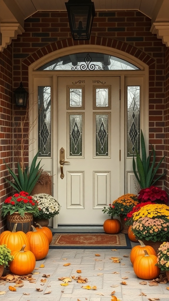 A cozy entryway decorated for autumn with pumpkins and colorful flowers.