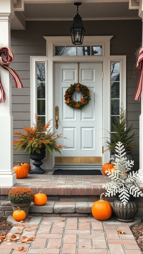A front porch decorated for fall with pumpkins, a wreath, and ferns.