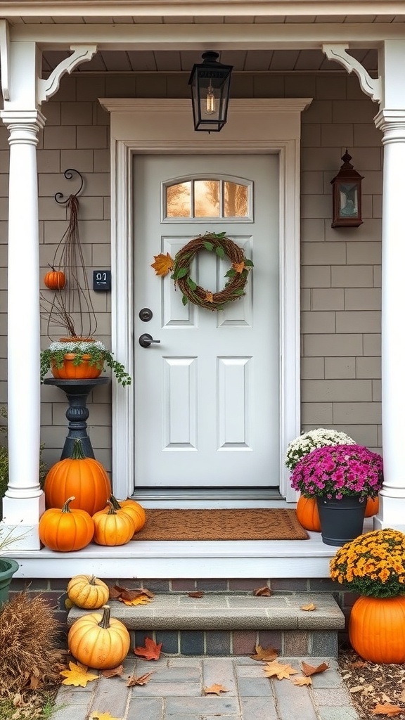 Decorated tiny front porch with pumpkins, flowers, and a fall wreath.