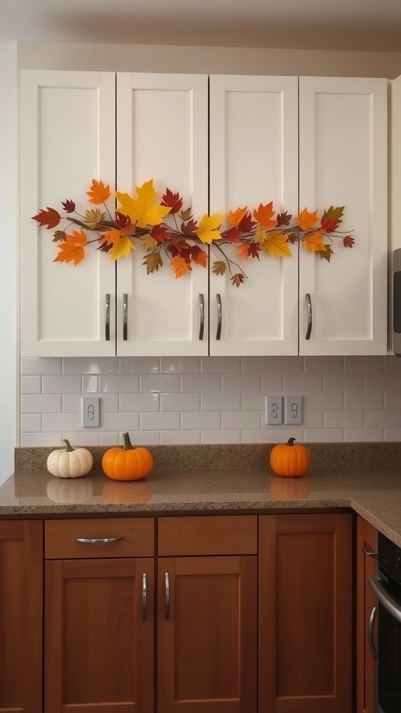 Autumn decor above kitchen cabinets with colorful leaves and pumpkins.