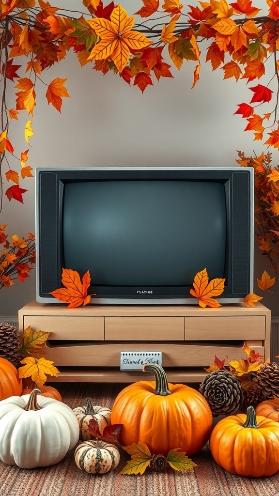 A cozy fall-themed decor around a TV with colorful leaves and pumpkins.