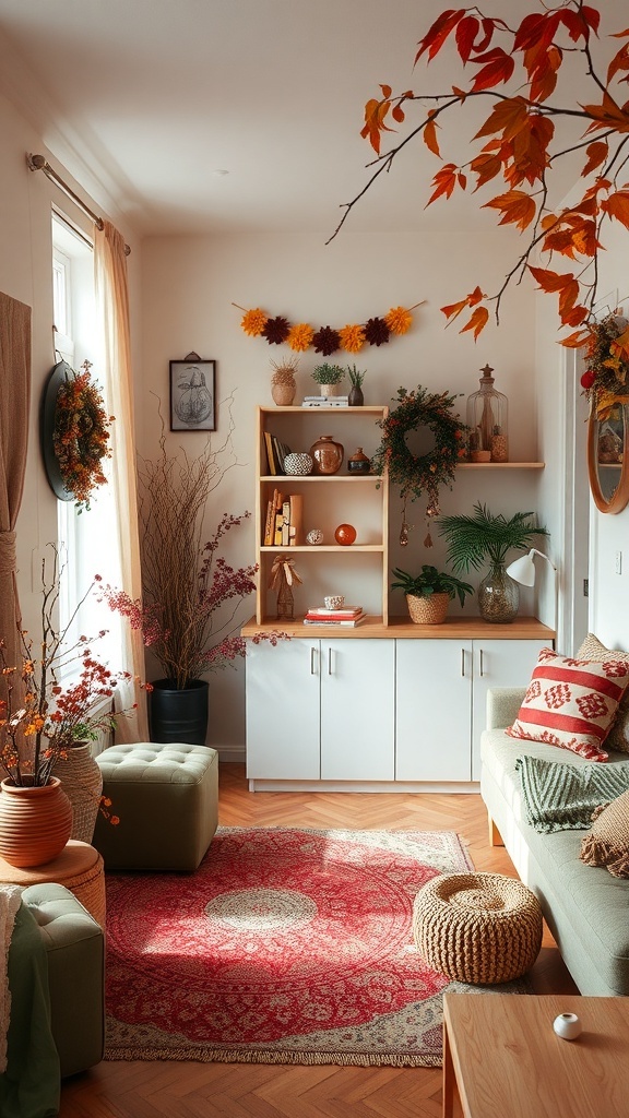 A cozy living room decorated for autumn with warm colors, plants, and seasonal decor.