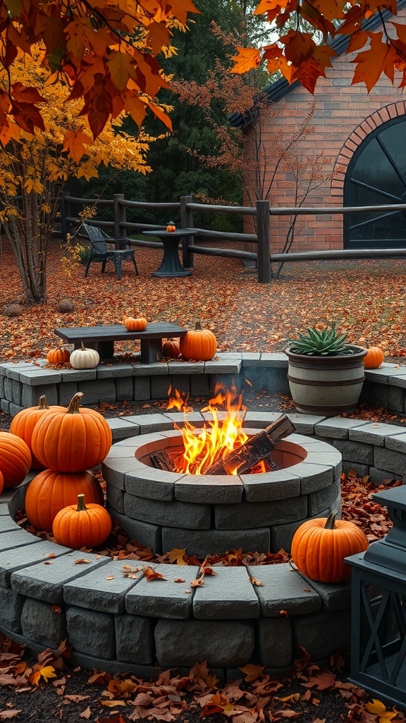 A cozy fire pit area decorated with pumpkins and autumn leaves, creating a warm and inviting atmosphere.