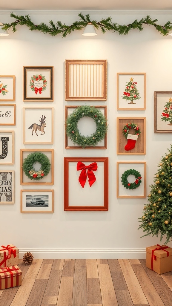 A beautifully decorated gallery wall with holiday-themed artwork and wreaths