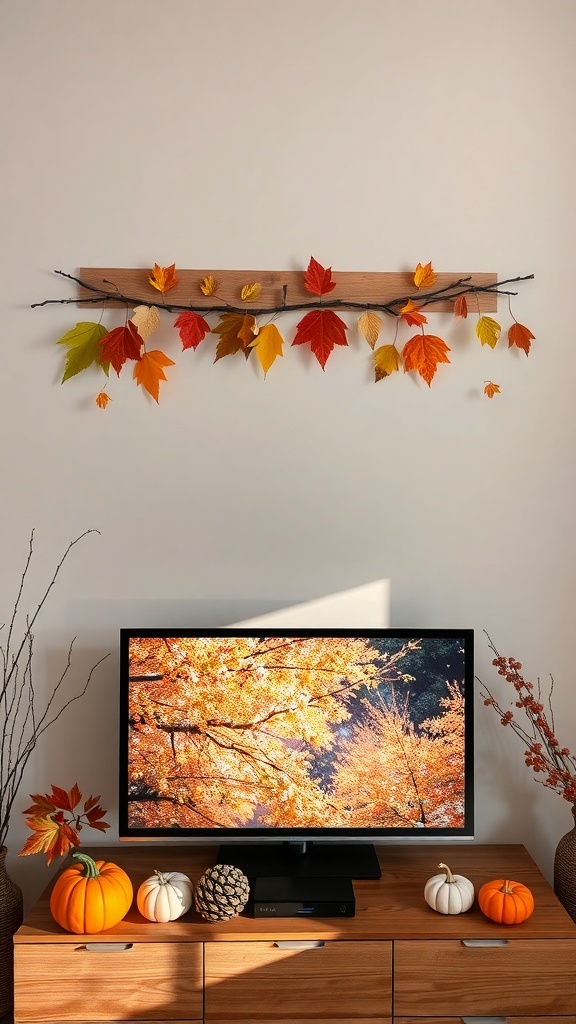 Seasonal decor featuring autumn leaves above a TV and pumpkins on a shelf.