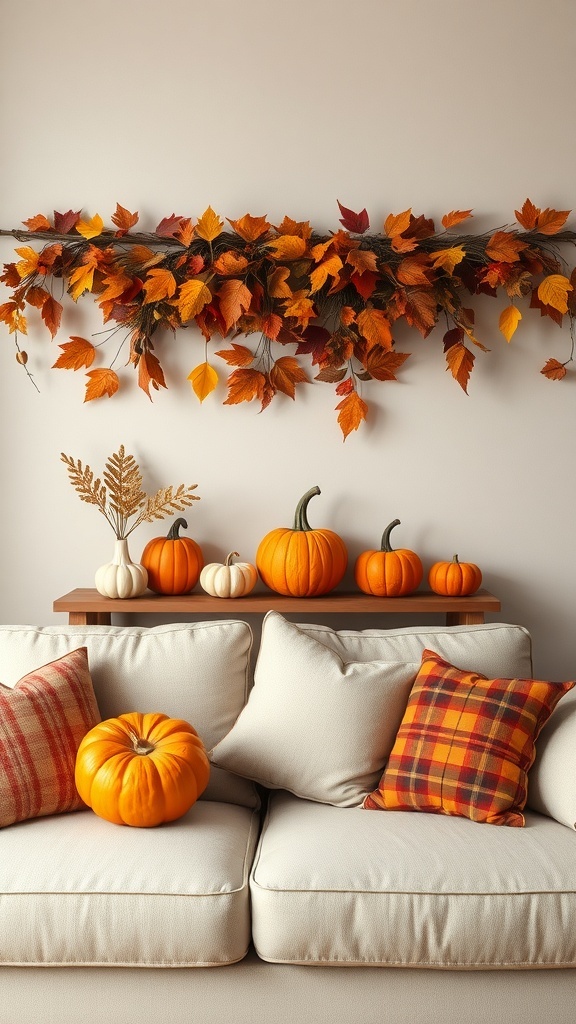 Decor above a couch featuring fall leaves and pumpkins.