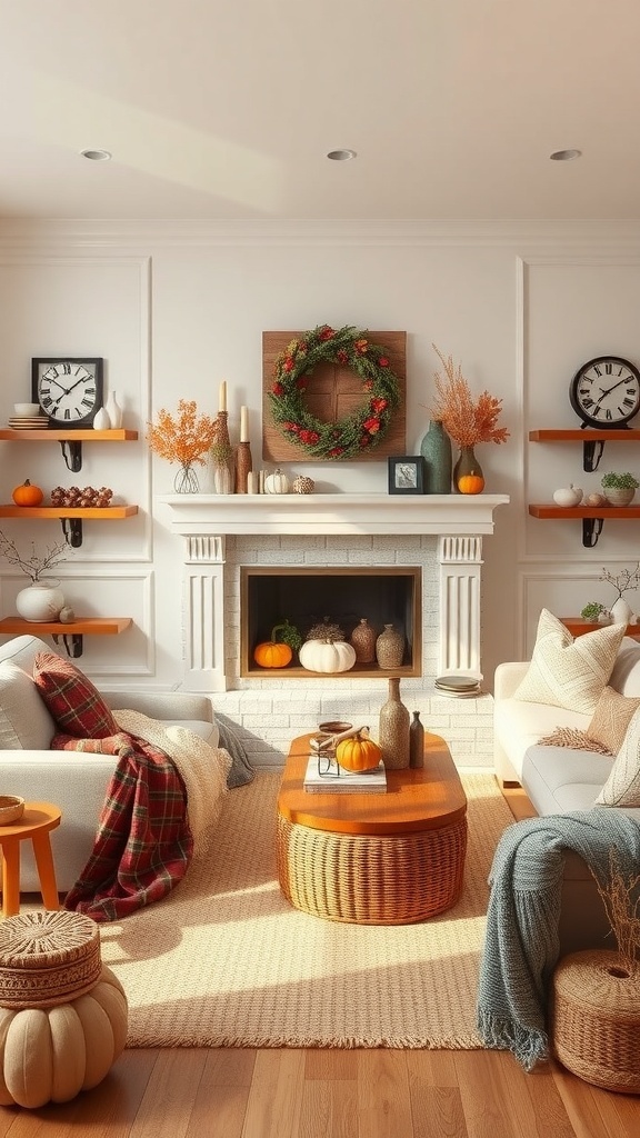 A cozy living room decorated for fall with pumpkins, a wreath, and warm textiles.