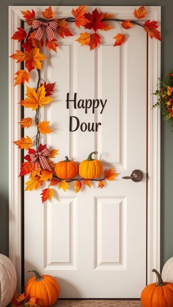 Decorated bedroom door with autumn leaves and pumpkins