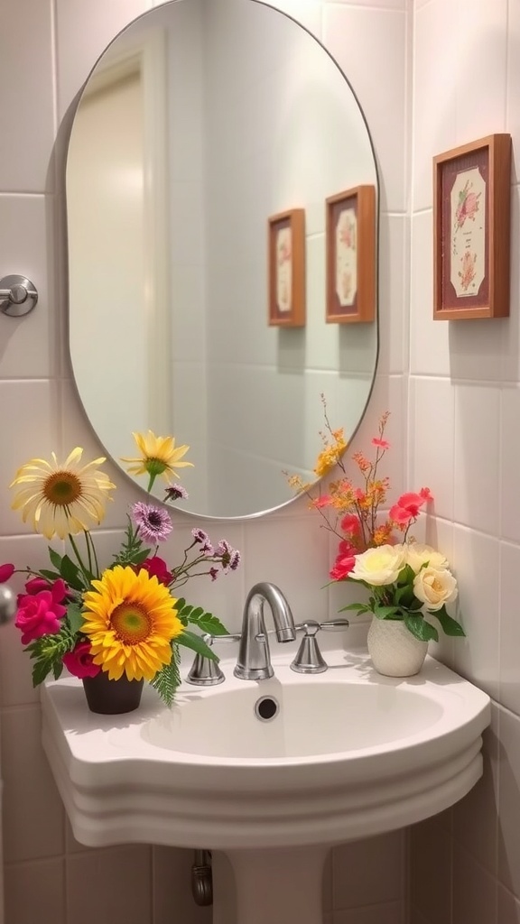 A bathroom sink decorated with seasonal floral arrangements, featuring sunflowers and roses in vases.