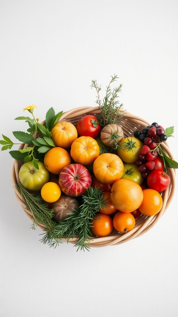 A basket filled with various seasonal fruits and herbs, showcasing a colorful arrangement.