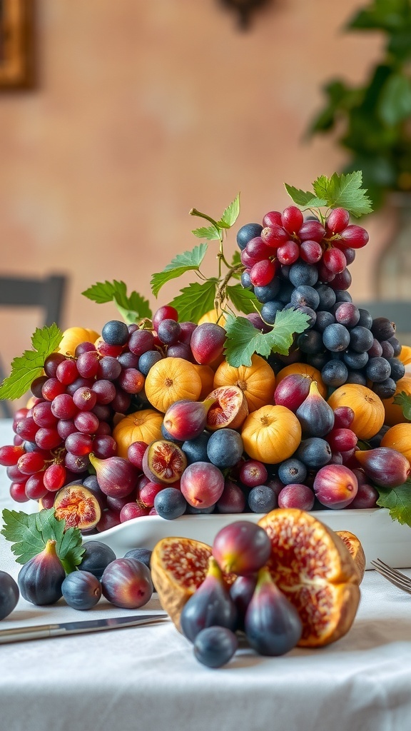 A colorful arrangement of seasonal fruits including grapes, figs, and citrus on a table.
