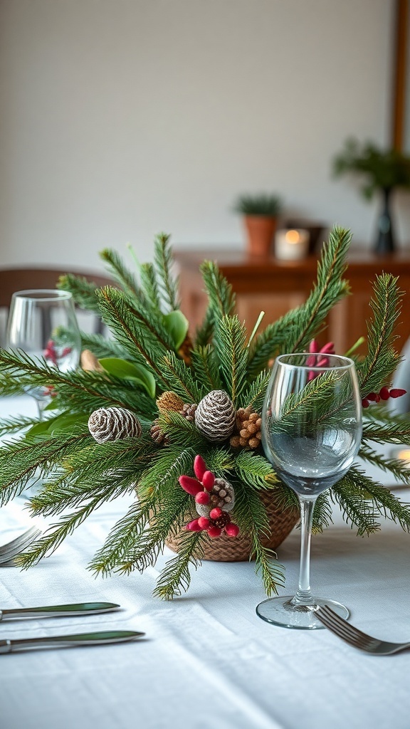 A winter centerpiece featuring seasonal greenery, pine cones, and berries, set on a dining table.