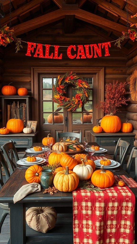 Cozy cabin decorated for fall with pumpkins, a wreath, and a table set for a seasonal harvest experience.
