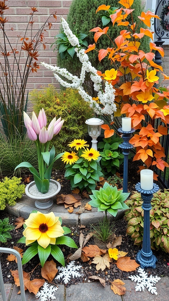 A small garden featuring tulips, sunflowers, and autumn foliage, with decorative lanterns and snowflakes.