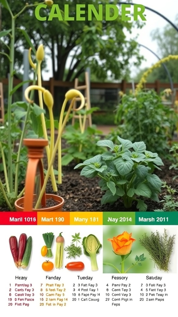 A colorful kitchen garden with various plants and a planting calendar.