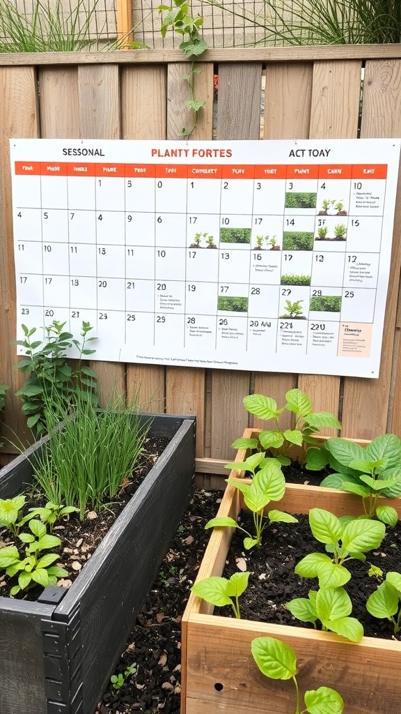 A planting calendar displayed next to raised garden beds with various plants.