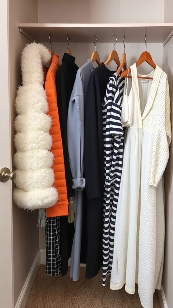 A small closet with a variety of clothing items hanging, including jackets and dresses.