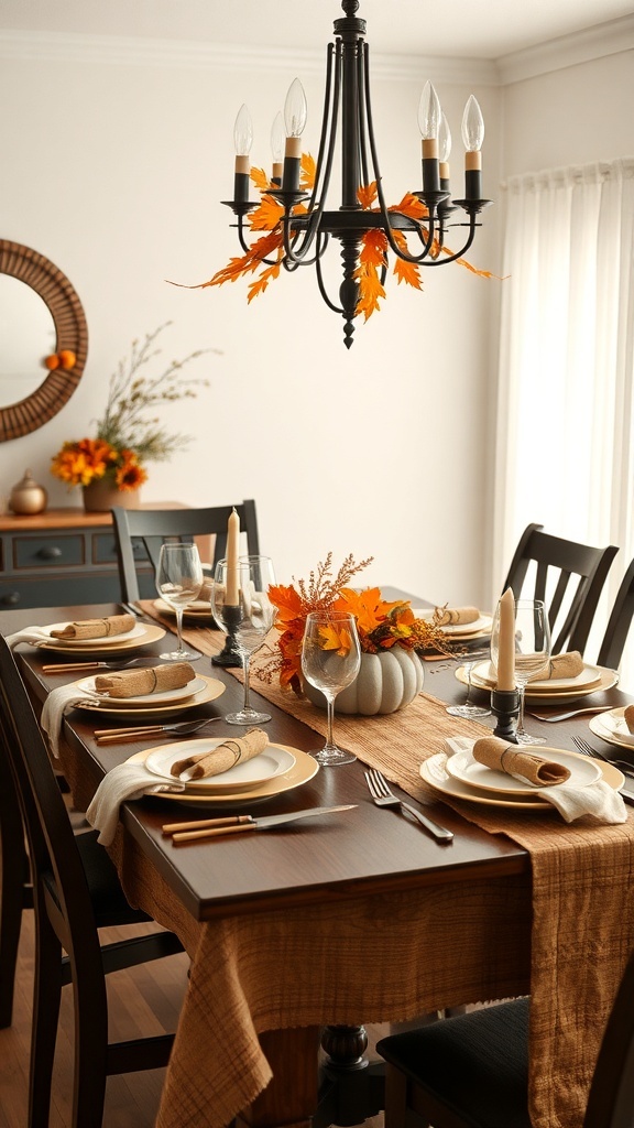 A beautifully set dining table for fall with a pumpkin centerpiece, autumn leaves, and warm colors.