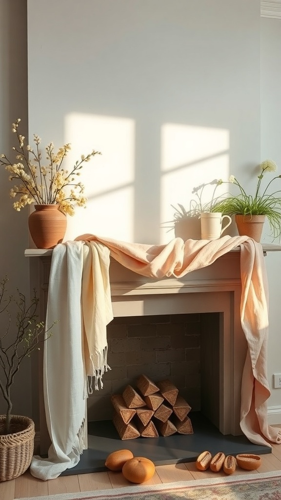 A spring-themed mantel with soft textiles, flowers in vases, and fresh fruits.