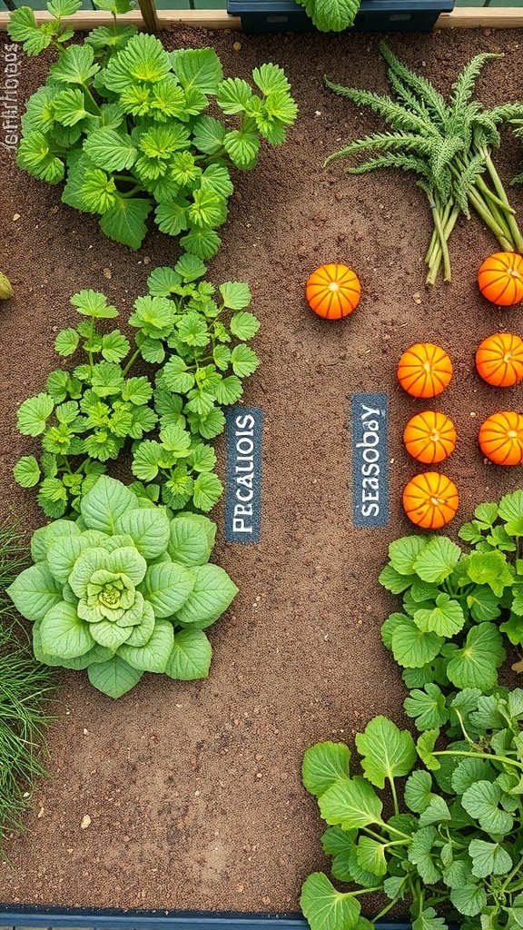 A well-organized vegetable garden with labeled sections for different plants, including leafy greens and pumpkins.