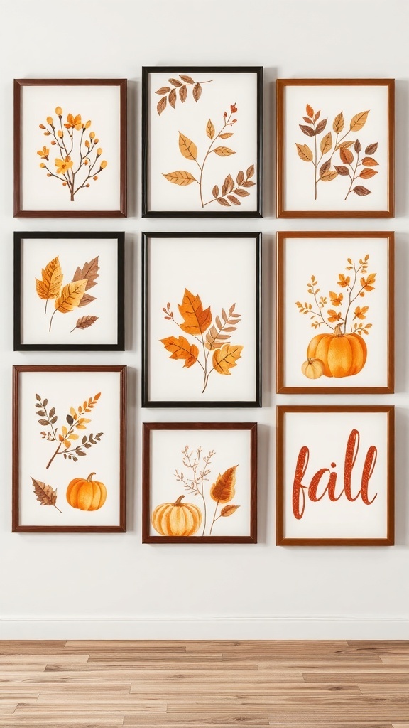 A collection of fall-themed wall art featuring leaves and pumpkins in various frames.
