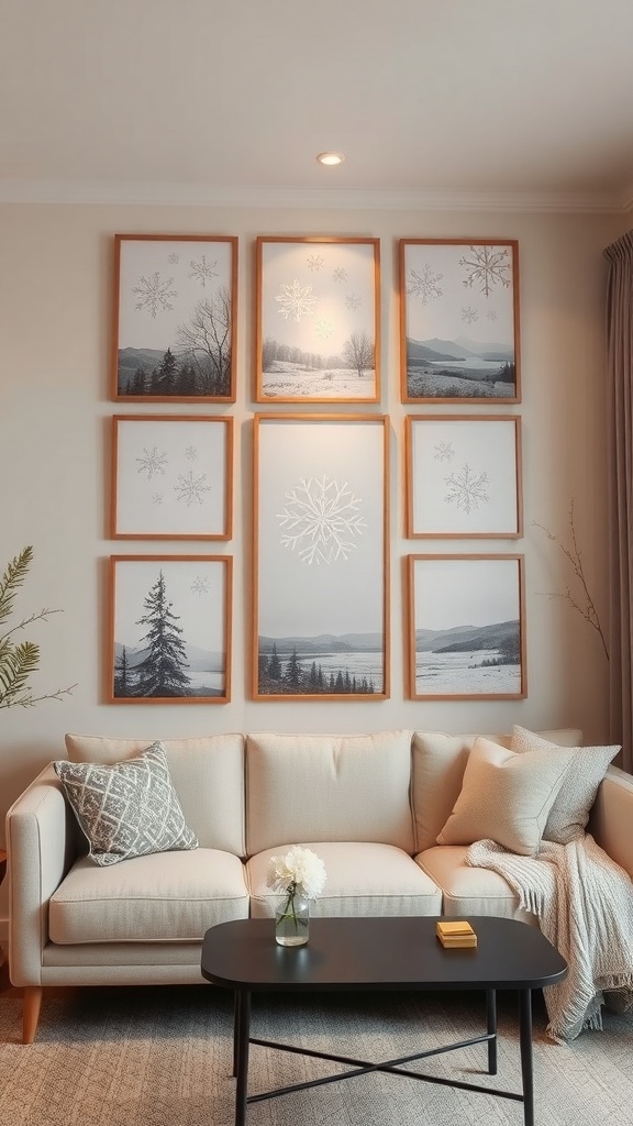 A cozy winter living room featuring a wall art arrangement with snowflake designs and serene winter landscapes.