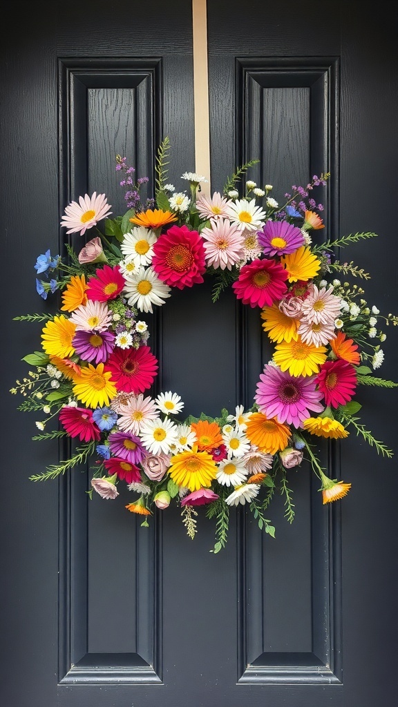 A colorful summer wreath made of various wildflowers hanging on a dark front door.