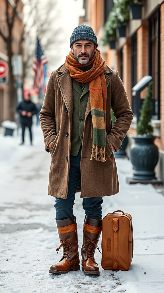 A man in winter workwear, featuring a brown coat, green sweater, and brown boots, standing in a snowy street.