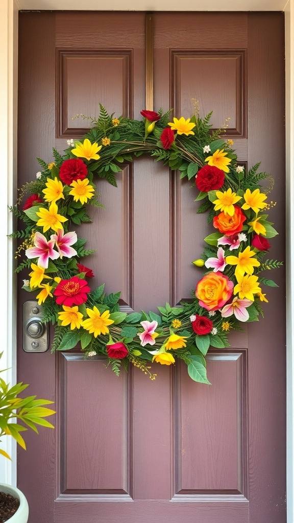 A vibrant summer wreath with yellow, red, and pink flowers on a brown door.