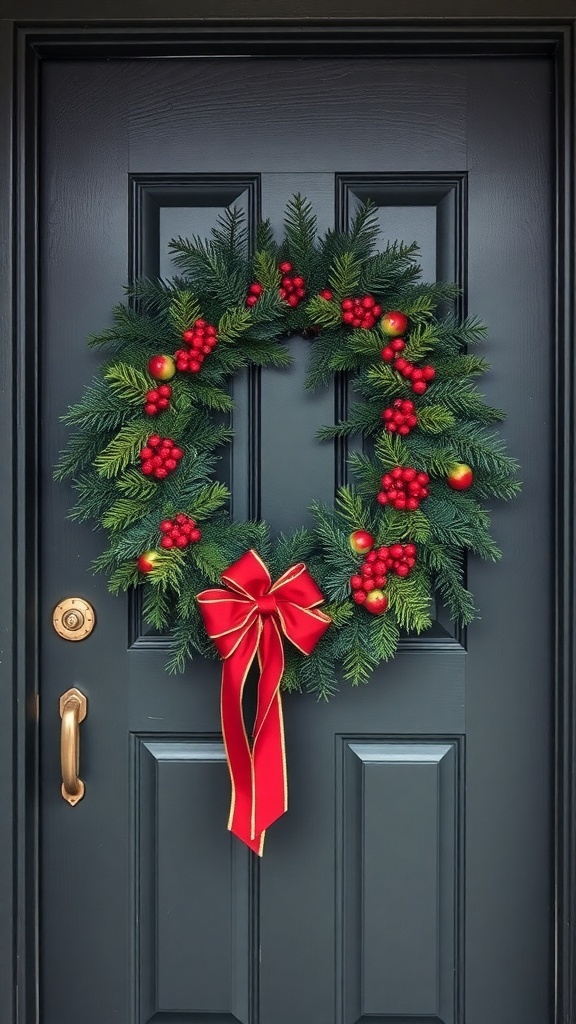 A festive winter wreath with red berries and a red bow on a dark door.