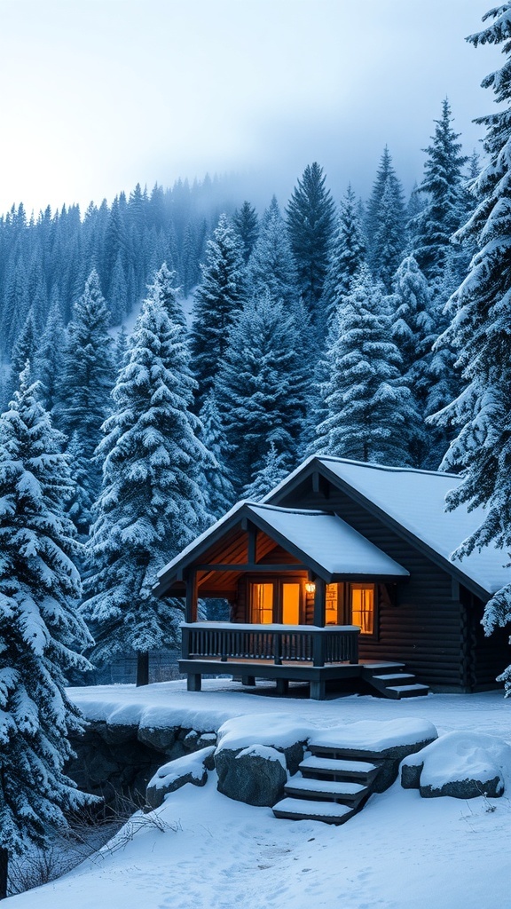 A cozy cabin in a snowy mountain landscape, surrounded by tall evergreen trees.