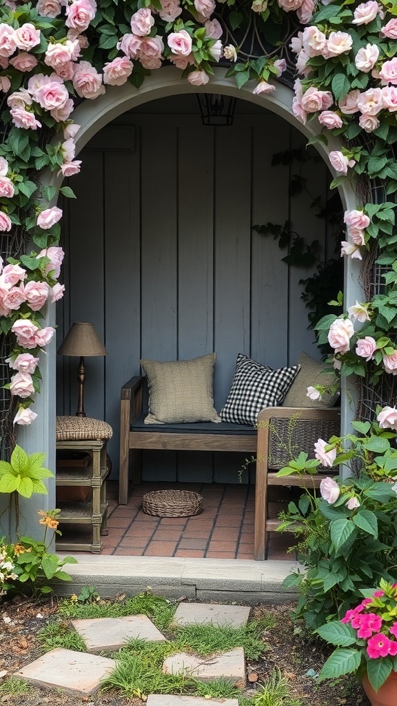 A cozy garden nook framed by pink roses, featuring wooden seating and a small table.