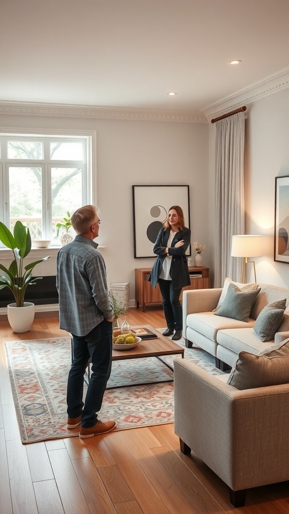 A professional discussing living room layout with a client.