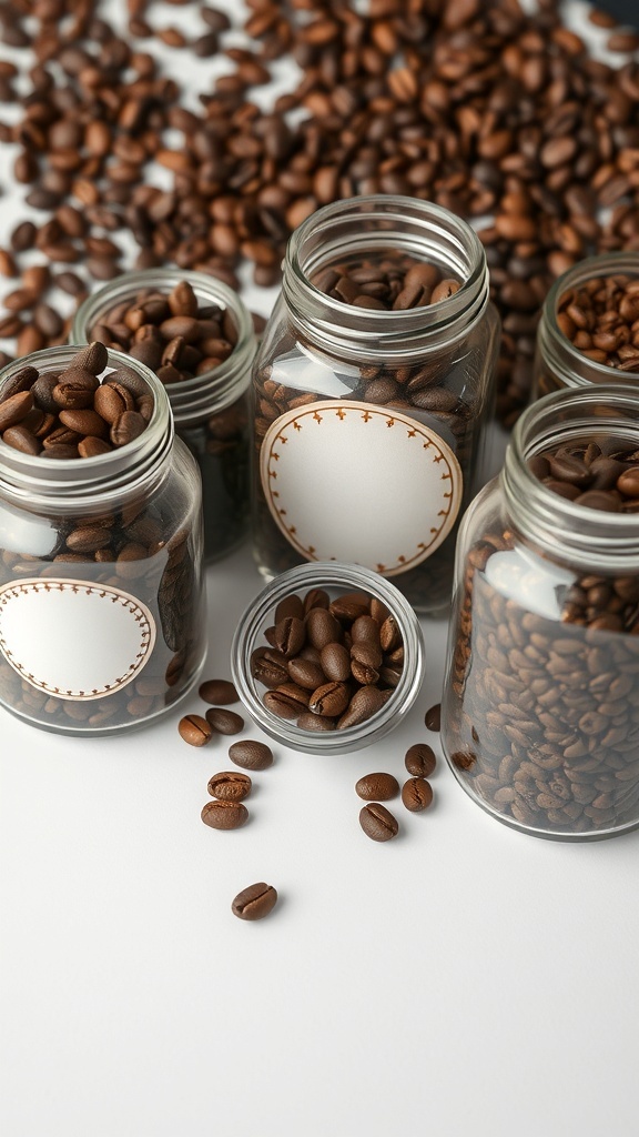 Frascos de vidrio con granos de café, algunos llenos y otros con granos esparcidos alrededor.