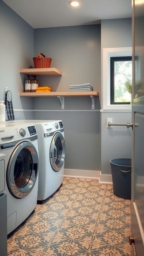 A modern laundry room with patterned flooring, white appliances, and shelves.