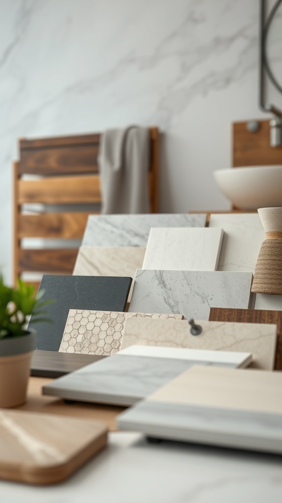 A variety of stylish tile samples displayed on a surface, showcasing different textures and colors for a bathroom remodel.