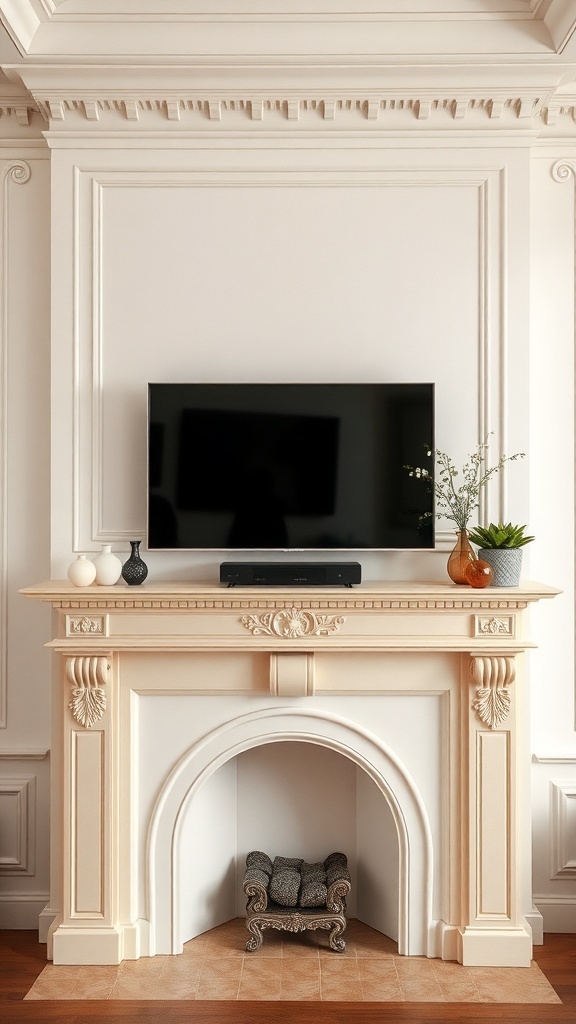 A stylish fireplace mantel with a TV above it, featuring decorative items and a light color scheme.