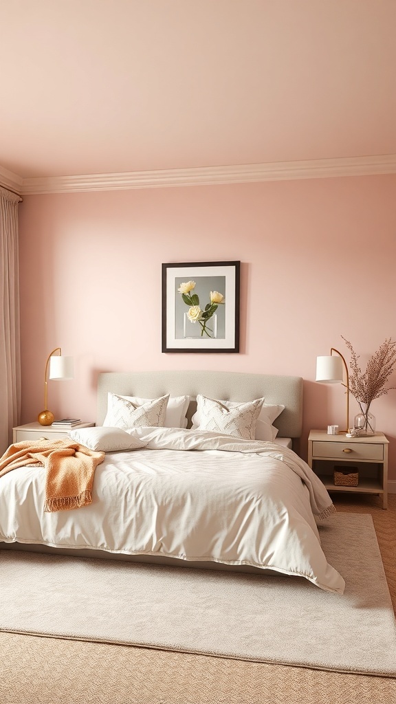 A serene master bedroom with soft pink walls, neutral bedding, and stylish lamps.