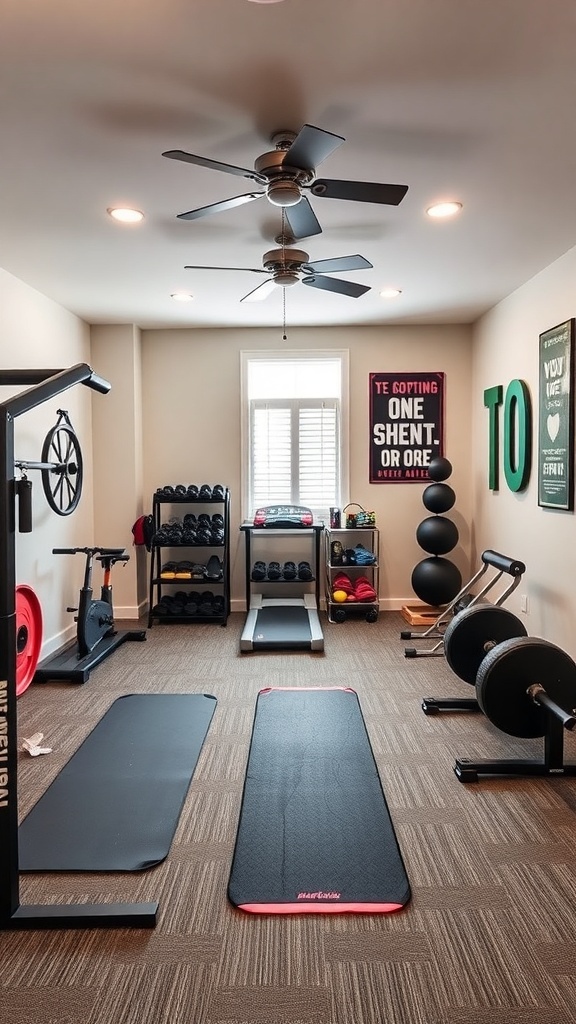 A well-equipped home gym in a bonus room with various workout equipment.