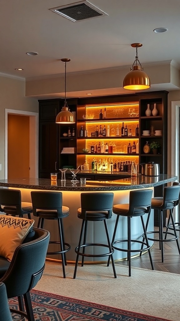 Stylish home bar with warm lighting and modern stools.