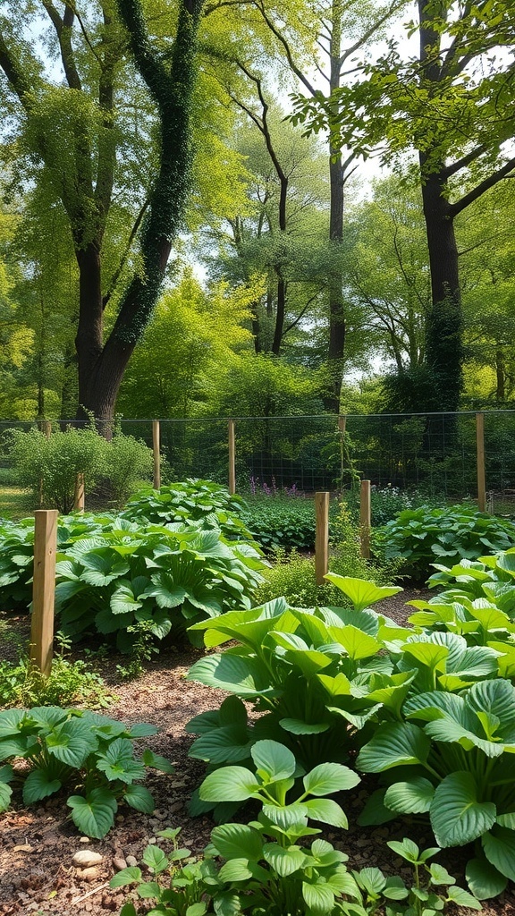 A lush vegetable garden with large green leaves, surrounded by tall trees, showcasing shade-tolerant plants.