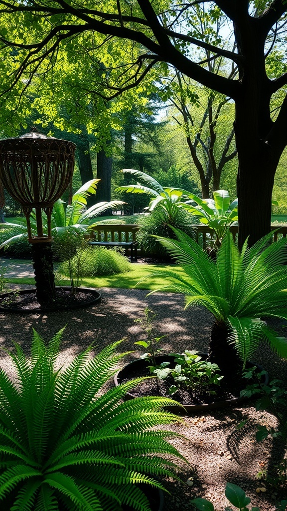A lush garden featuring ferns and hostas in a shaded area