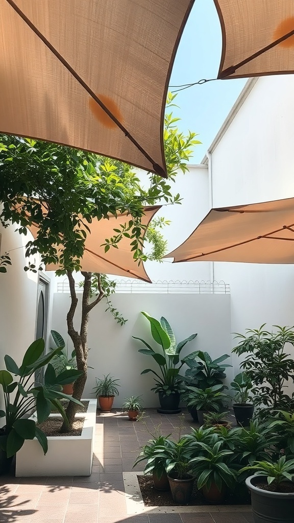 A small courtyard featuring stylish canopies and lush green plants.